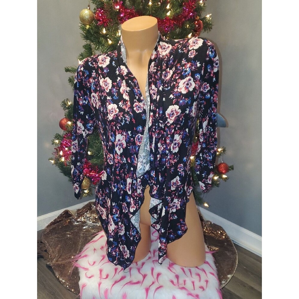 About A Girl Black Floral Open Cardigan with Pink & Blue Blossoms NWOT